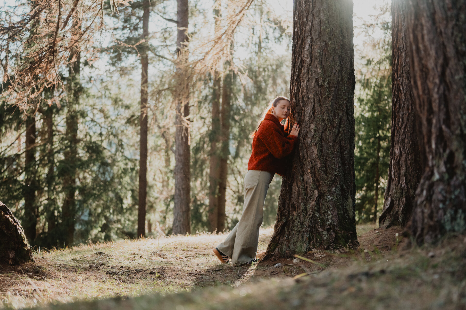Una ragazza abbraccia un albero in un bosco autunnale della Val di Fassa | © Archivio Immagini ApT Val di Fassa - Mattia Rizzi