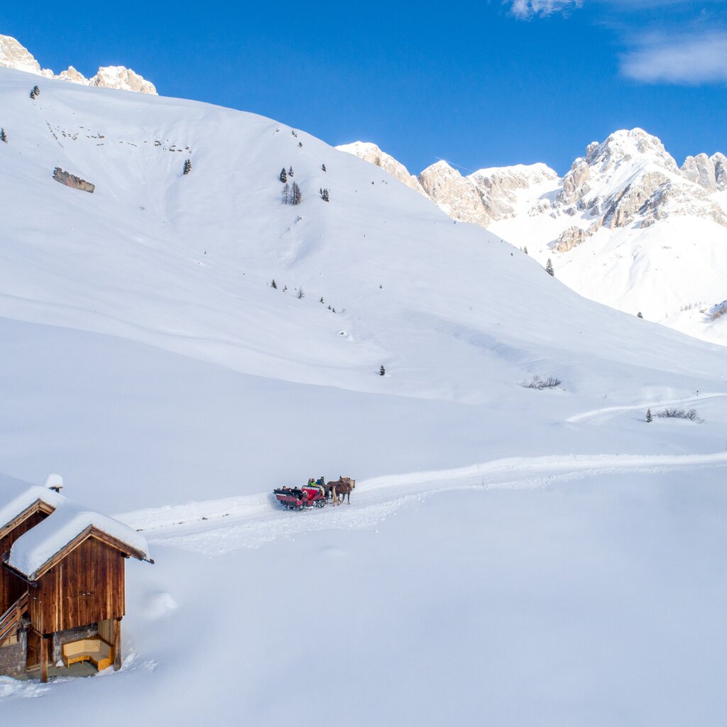 Carrozza trainata dai cavalli in inverno al Fuciade in Val di Fassa | © Mattia Rizzi  - Archivio Immagini ApT Val di Fassa